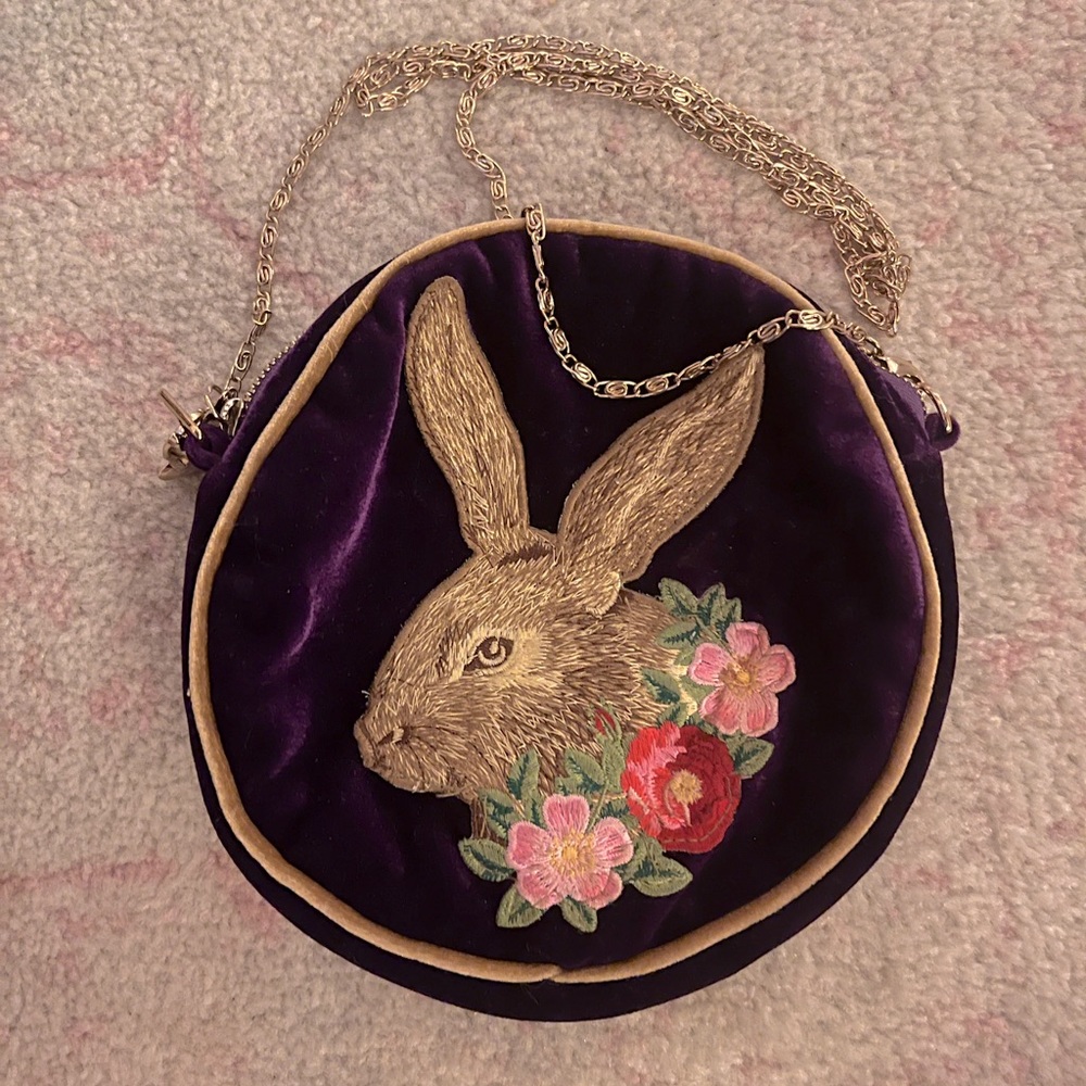 Unlogical Poem Rabbit Embroidered Velvet Round Purple Bag